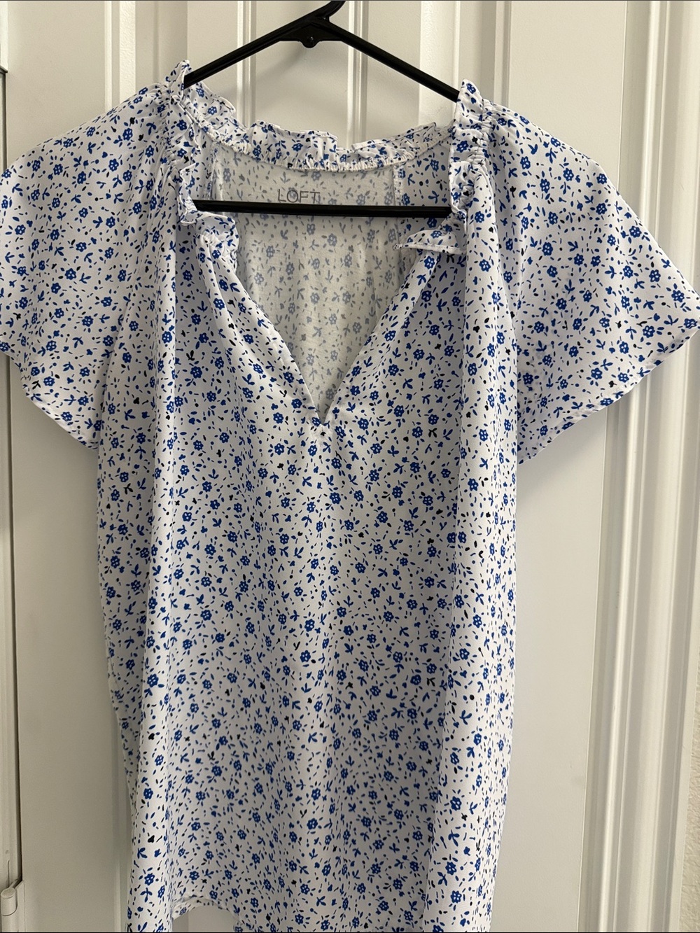 LOFT White & Blue Floral Ruffle V-Neck Blouse